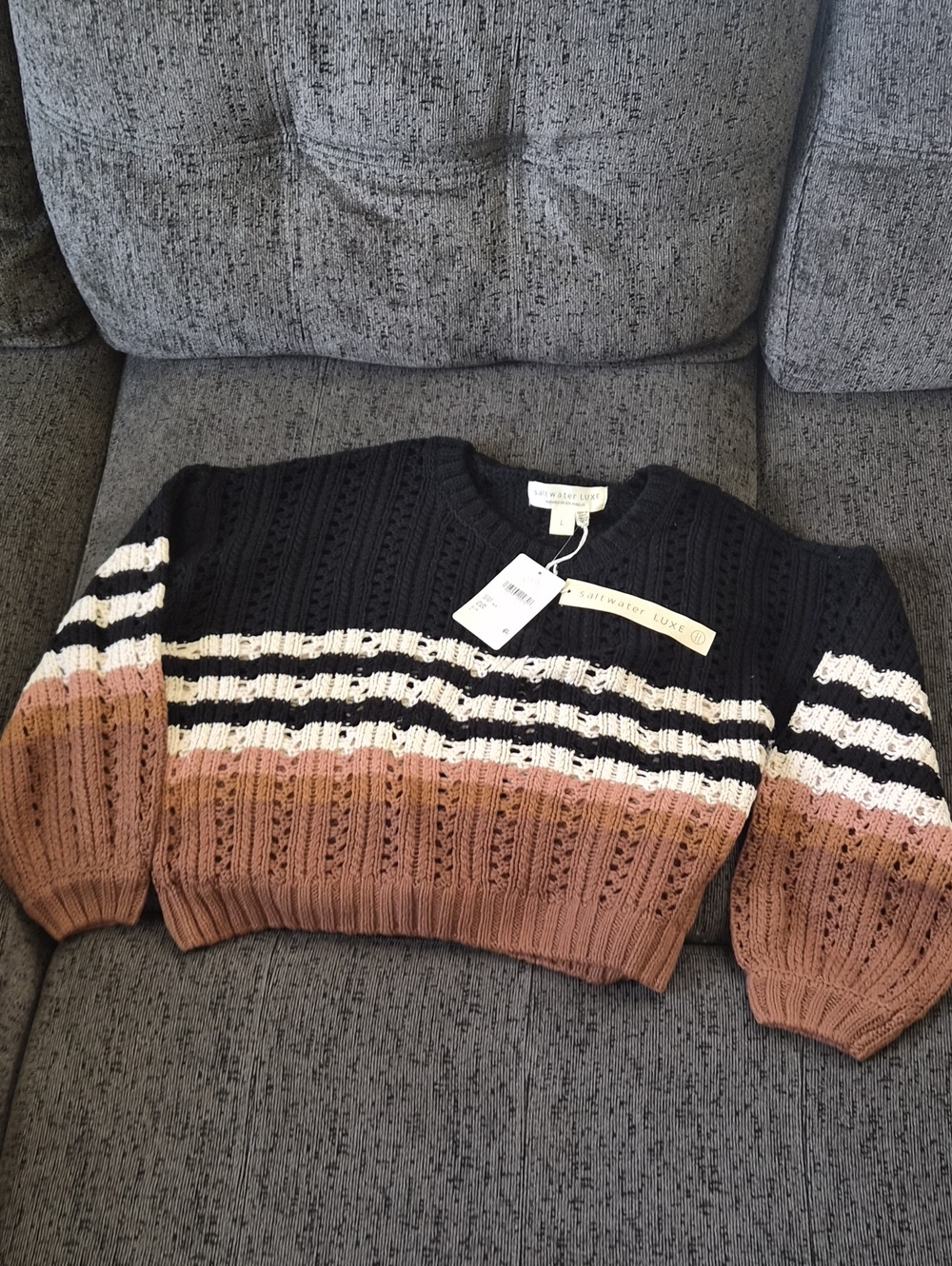 saltwater LUXE Black, Cream & Brown Striped Cropped Crewneck Sweater